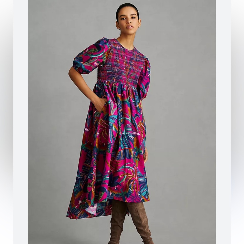 FARM Rio Purple Pink A-Line Puff Sleeve Dress